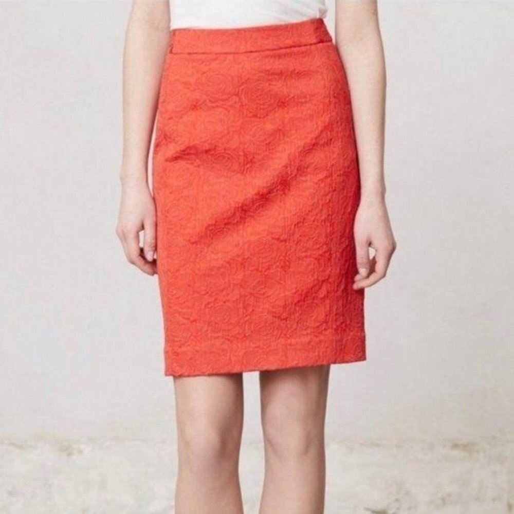 Anthropologie Vanessa Virginia Rose Brocade Skirt Red Poppy Pencil Straight Sz 6